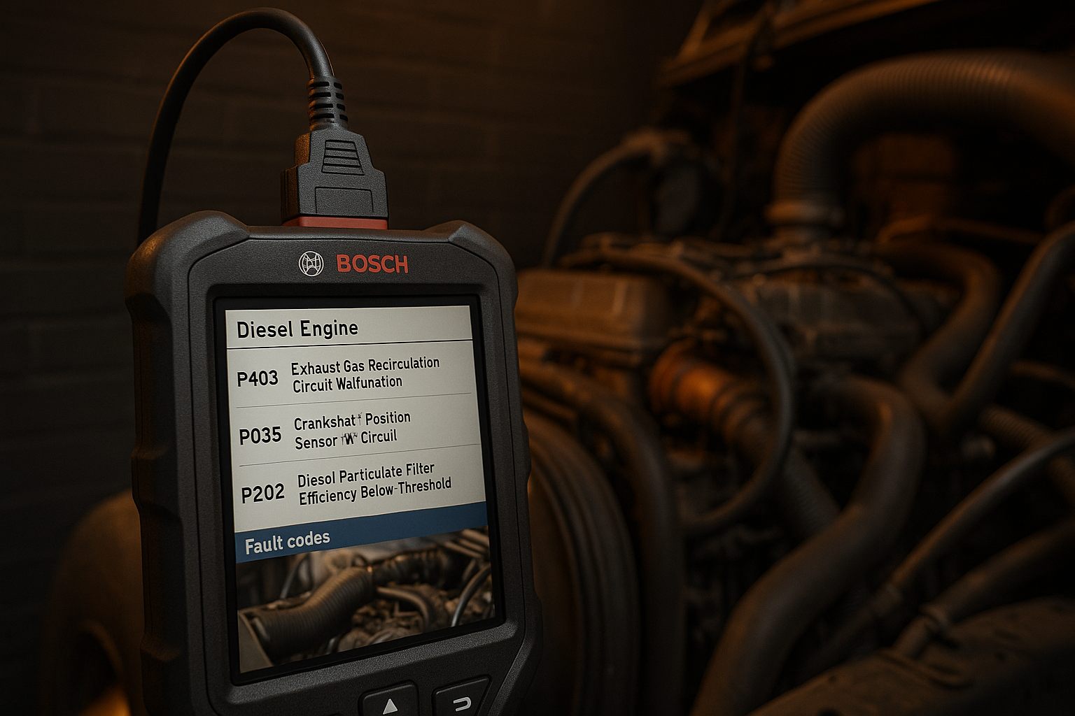 Scanner Bosch mostrando códigos de falha diesel